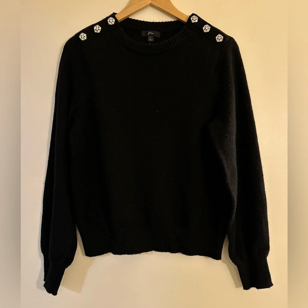 J. Crew Crewneck Sweater with Jeweled Buttons in Black. Size L